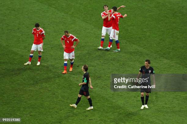 Croatia and Russia players at final whistle during the 2018 FIFA World Cup Russia Quarter Final match between Russia and Croatia at Fisht Stadium on...
