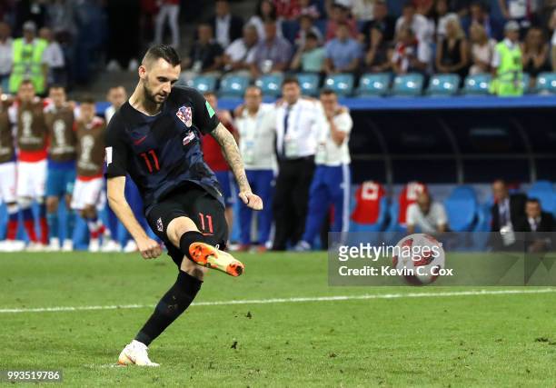 Marcelo Brozovic of Croatia scores his team's first penalty in the penalty shoot out during the 2018 FIFA World Cup Russia Quarter Final match...