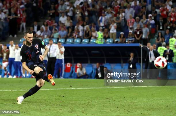 Marcelo Brozovic of Croatia scores his team's first penalty in the penalty shoot out during the 2018 FIFA World Cup Russia Quarter Final match...