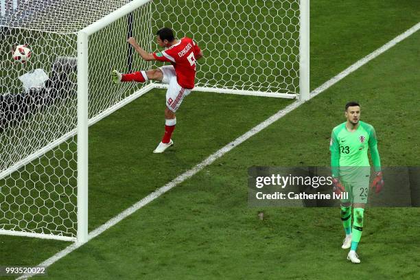 Alan Dzagoev of Russia celebrates scoring his team's second penalty in the penalty shoot out during the 2018 FIFA World Cup Russia Quarter Final...