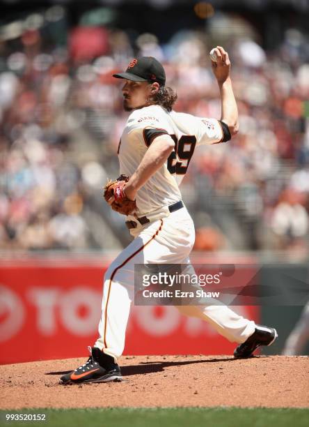 Jeff Samardzija of the San Francisco Giants pitches against the St. Louis Cardinals in the first inning at AT&T Park on July 7, 2018 in San...