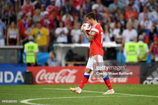 Fedor Smolov of Russia takes the ball on the preanlty spot before missing his team's first penalty in the penalty shoot out during the 2018 FIFA...