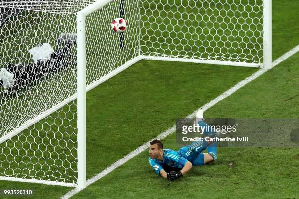 Igor Akinfeev of Russia fails to stop Luka Modric of Croatia's penalty in the penalty shoot out during the 2018 FIFA World Cup Russia Quarter Final...