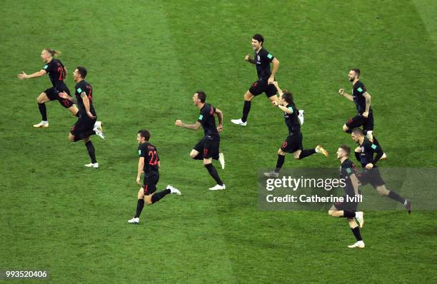 Croatia players celebrate winning the penalty shoot out during the 2018 FIFA World Cup Russia Quarter Final match between Russia and Croatia at Fisht...