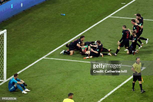 Croatia players celebrate winning the penalty shoot out during the 2018 FIFA World Cup Russia Quarter Final match between Russia and Croatia at Fisht...