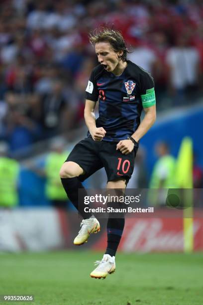 Luka Modric of Croatia celebrates scoring his team's third penalty in the penalty shoot out during the 2018 FIFA World Cup Russia Quarter Final match...