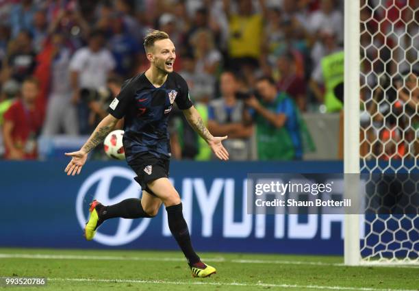 Ivan Rakitic of Croatia celebrates scoring his team's fifth penalty, the winning penalty, in the penalty shoot out during the 2018 FIFA World Cup...