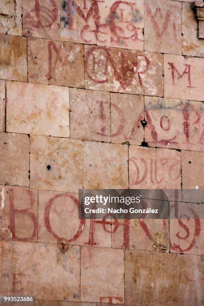 letras en fachada, salamanca, spain - fachada stockfoto's en -beelden