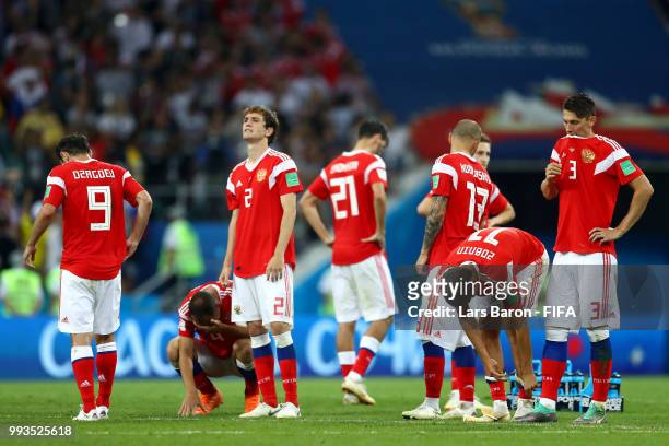 PLayers of Russia show their dejection following the defeat in the 2018 FIFA World Cup Russia Quarter Final match between Russia and Croatia at Fisht...