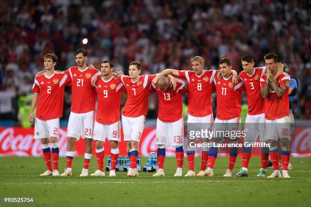 Russia players watch the peanlty shoot out during the 2018 FIFA World Cup Russia Quarter Final match between Russia and Croatia at Fisht Stadium on...