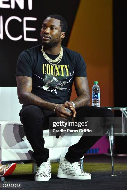 Meek Mill speaks onstage during the 2018 Essence Festival presented by Coca-Cola at Ernest N. Morial Convention Center on July 7, 2018 in New...