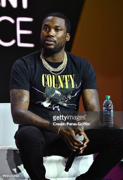 Meek Mill speaks onstage during the 2018 Essence Festival presented by Coca-Cola at Ernest N. Morial Convention Center on July 7, 2018 in New...