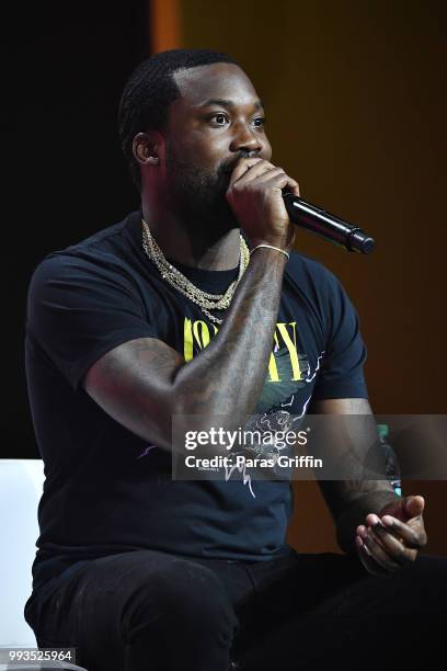 Meek Mill speaks onstage during the 2018 Essence Festival presented by Coca-Cola at Ernest N. Morial Convention Center on July 7, 2018 in New...