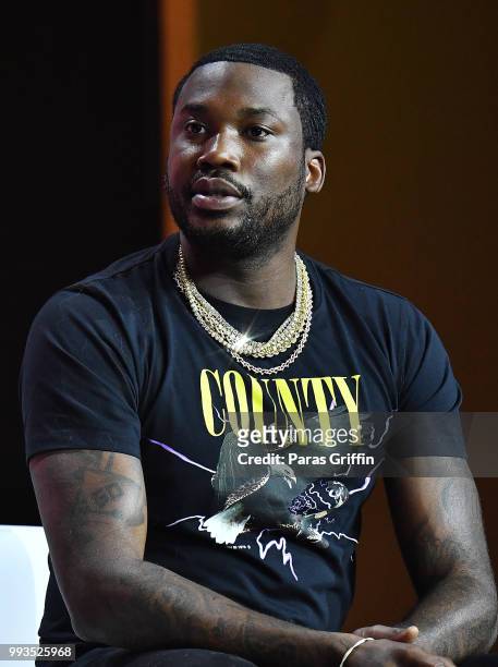 Meek Mill speaks onstage during the 2018 Essence Festival presented by Coca-Cola at Ernest N. Morial Convention Center on July 7, 2018 in New...