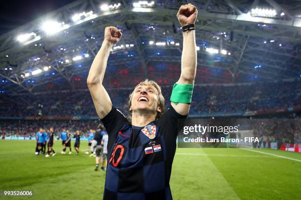 Luka Modric of Croatia celebrates following his sides victory in the 2018 FIFA World Cup Russia Quarter Final match between Russia and Croatia at...