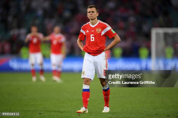 Denis Cheryshev of Russia shows his dejection following his team's defeat in the 2018 FIFA World Cup Russia Quarter Final match between Russia and...