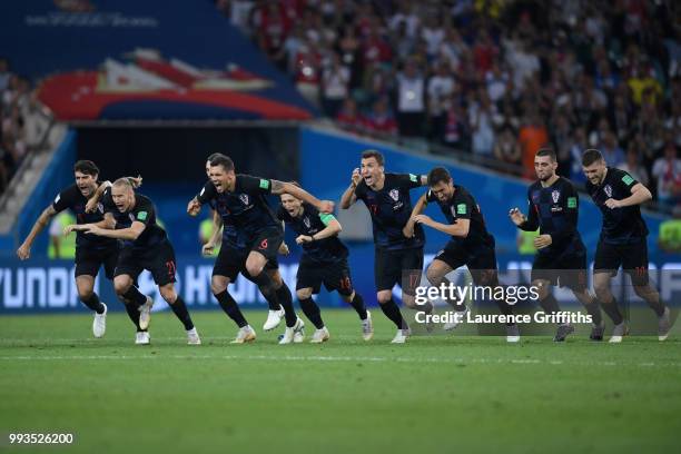 Croatia players celebrate winning the penalty shoot out during the 2018 FIFA World Cup Russia Quarter Final match between Russia and Croatia at Fisht...