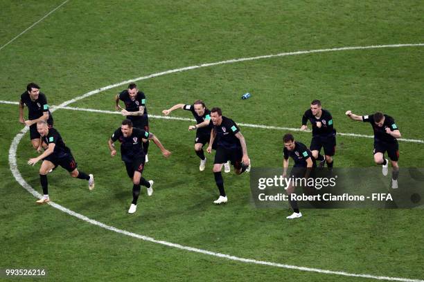 Croatia players celebrate winning the penalty shoot out during the 2018 FIFA World Cup Russia Quarter Final match between Russia and Croatia at Fisht...