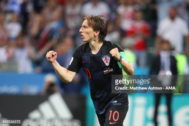 Luka Modric of Croatia celebrates scoring in a penalty shootout during the 2018 FIFA World Cup Russia Quarter Final match between Russia and Croatia...