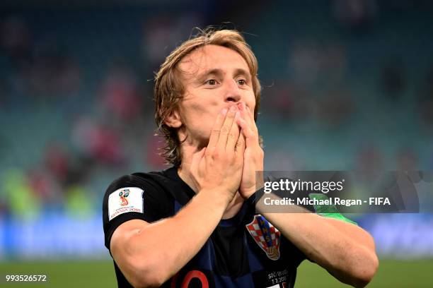 Luka Modric of Croatia celebrates following his sides victory in the 2018 FIFA World Cup Russia Quarter Final match between Russia and Croatia at...