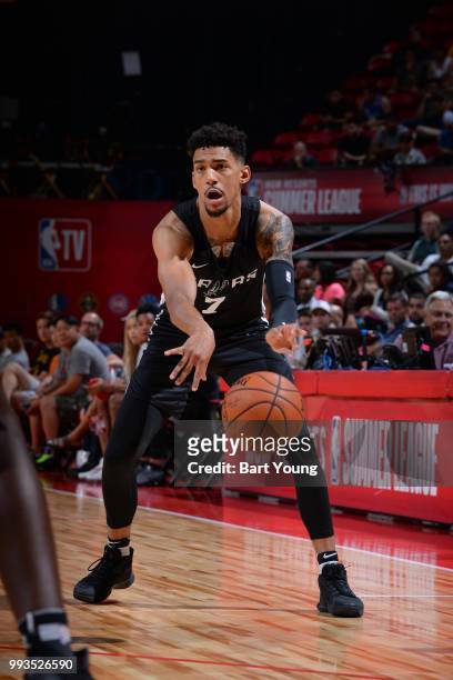 Olivier Hanlan of the San Antonio Spurs passes the ball against the Indiana Pacers during the 2018 Las Vegas Summer League on July 7, 2018 at the...
