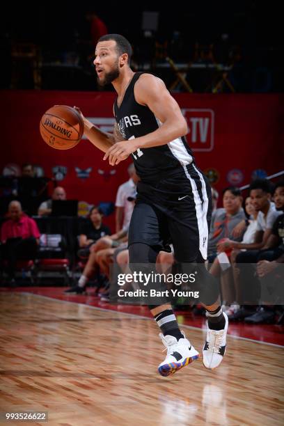 Trey McKinney-Jones of the San Antonio Spurs handles the ball against the Indiana Pacers during the 2018 Las Vegas Summer League on July 7, 2018 at...