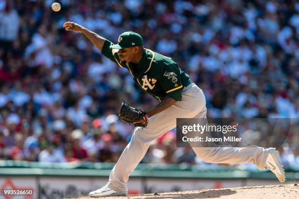 Starting pitcher Edwin Jackson of the Oakland Athletics pitches during the second inning against the Cleveland Indians at Progressive Field on July...