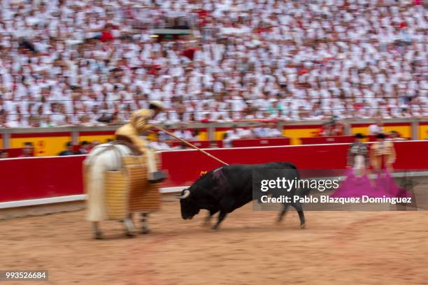 Bull from Puerto de San Lorenzo's fighting bulls runs during a bullfight on the second day of the San Fermin Running of the Bulls festival on July 7,...