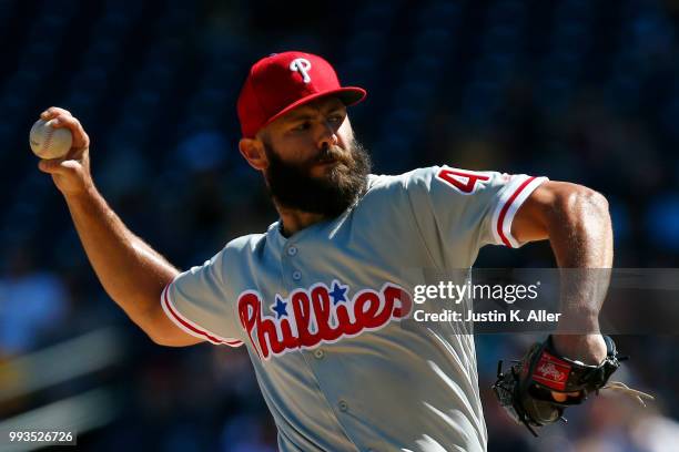 Jake Arrieta of the Philadelphia Phillies pitches in the first inning against the Pittsburgh Pirates at PNC Park on July 7, 2018 in Pittsburgh,...