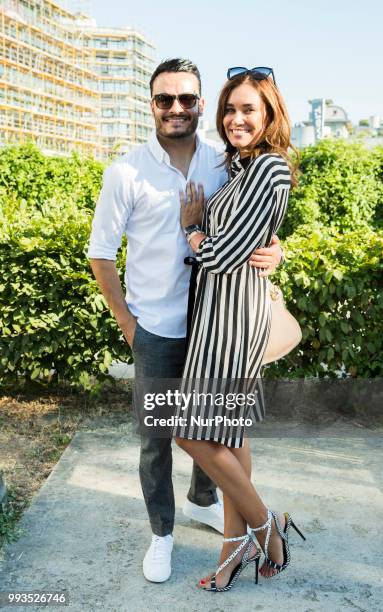 Jana Ina Zarrella and Giovanni Zarrella arrive to attend the Riani Fashion Show during the Mercedes Benz Fashion Week at ewerk in Berlin, Germany on...