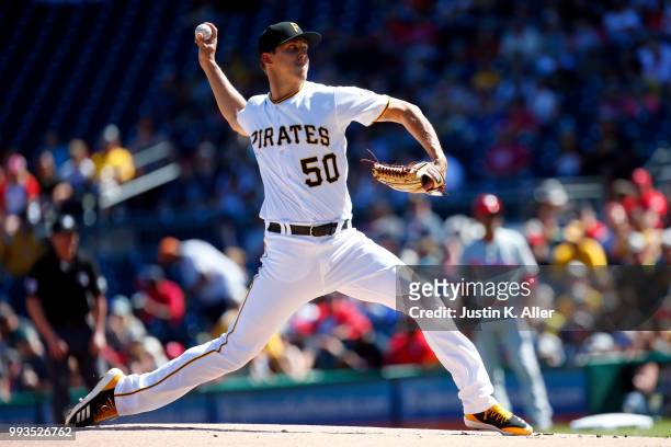Jameson Taillon of the Pittsburgh Pirates pitches in the first inning against the Philadelphia Phillies at PNC Park on July 7, 2018 in Pittsburgh,...