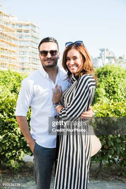 Jana Ina Zarrella and Giovanni Zarrella arrive to attend the Riani Fashion Show during the Mercedes Benz Fashion Week at ewerk in Berlin, Germany on...