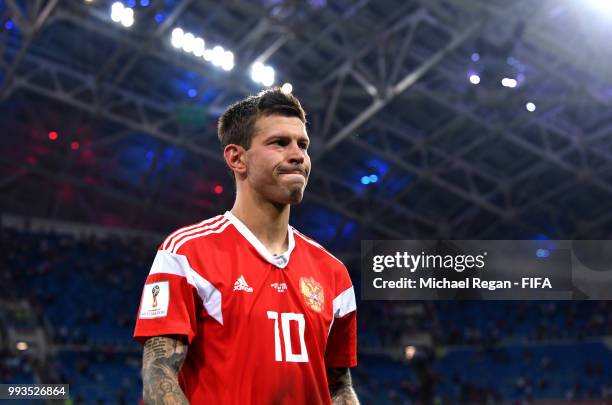 Fedor Smolov of Russia looks dejected follwing his team's defeat in the 2018 FIFA World Cup Russia Quarter Final match between Russia and Croatia at...