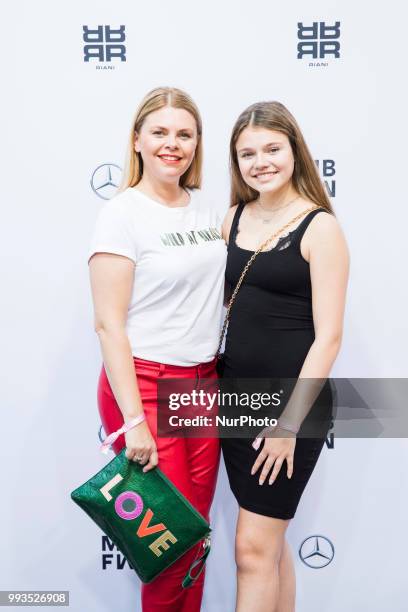 Anne Sophie Briest and her daughter Faye Montana arrive to attend the Riani Fashion Show during the Mercedes Benz Fashion Week at ewerk in Berlin,...