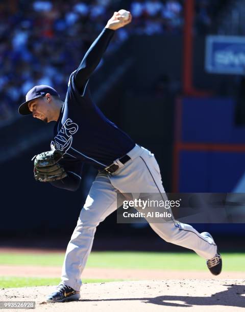 Blake Snell of the Tampa Bay Rays pitches against the New York Mets during their game at Citi Field on July 7, 2018 in New York City.