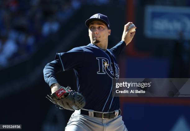 Blake Snell of the Tampa Bay Rays pitches against the New York Mets during their game at Citi Field on July 7, 2018 in New York City.