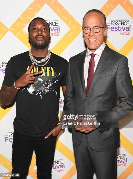 Meek Mill and Lester Holt attend the 2018 Essence Festival presented by Coca-Cola at Ernest N. Morial Convention Center on July 7, 2018 in New...