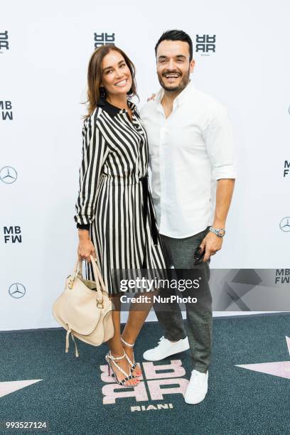Jana Ina Zarrella and Giovanni Zarrella arrive to attend the Riani Fashion Show during the Mercedes Benz Fashion Week at ewerk in Berlin, Germany on...