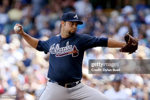 Anibal Sanchez of the Atlanta Braves pitches in the second inning against the Milwaukee Brewers at Miller Park on July 7, 2018 in Milwaukee,...