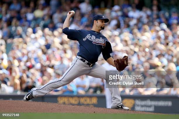 Anibal Sanchez of the Atlanta Braves pitches in the second inning against the Milwaukee Brewers at Miller Park on July 7, 2018 in Milwaukee,...