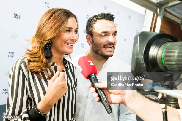 Jana Ina Zarrella and Giovanni Zarrella arrive to attend the Riani Fashion Show during the Mercedes Benz Fashion Week at ewerk in Berlin, Germany on...