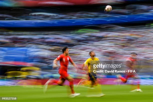Harry Maguire of England and Marcus Berg of Sweden competes for the ball during the 2018 FIFA World Cup Russia Quarter Final match between Sweden and...