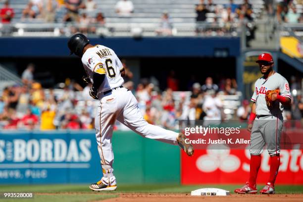 Starling Marte of the Pittsburgh Pirates rounds second after hitting a home run in the third inning against the Philadelphia Phillies at PNC Park on...