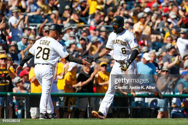 Starling Marte of the Pittsburgh Pirates rounds third after hitting a home run in the third inning against the Philadelphia Phillies at PNC Park on...