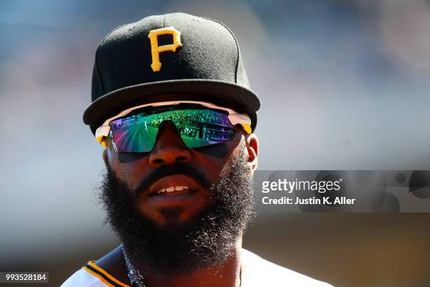 Josh Harrison of the Pittsburgh Pirates looks on against the Philadelphia Phillies at PNC Park on July 7, 2018 in Pittsburgh, Pennsylvania.