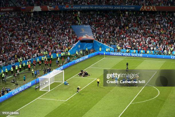 Croatia players celebrate following their sides victory in the 2018 FIFA World Cup Russia Quarter Final match between Russia and Croatia at Fisht...