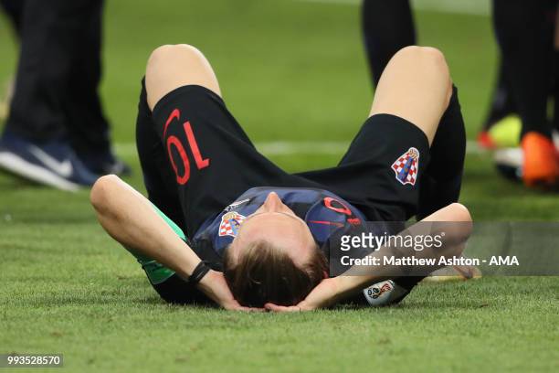 Luka Modric of Croatia reacts after his team's victory in a penalty shootout during the 2018 FIFA World Cup Russia Quarter Final match between Russia...