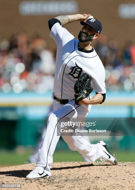 Mike Fiers of the Detroit Tigers pitches against the Texas Rangers during the first inning at Comerica Park on July 7, 2018 in Detroit, Michigan.