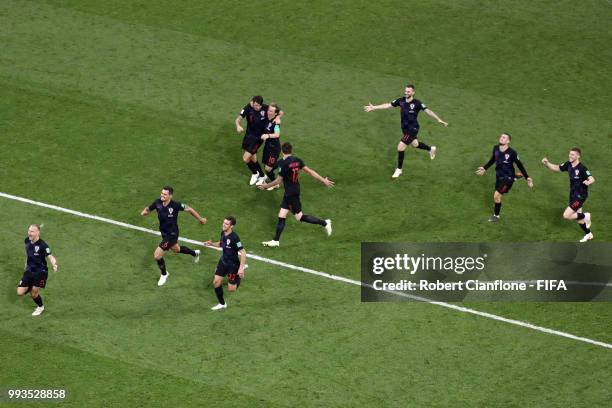 Croatia players celebrate winning the penalty shoot out during the 2018 FIFA World Cup Russia Quarter Final match between Russia and Croatia at Fisht...