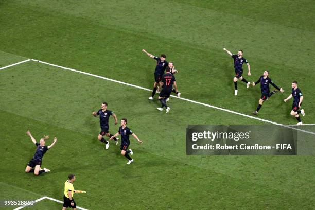 Croatia players celebrate winning the penalty shoot out during the 2018 FIFA World Cup Russia Quarter Final match between Russia and Croatia at Fisht...